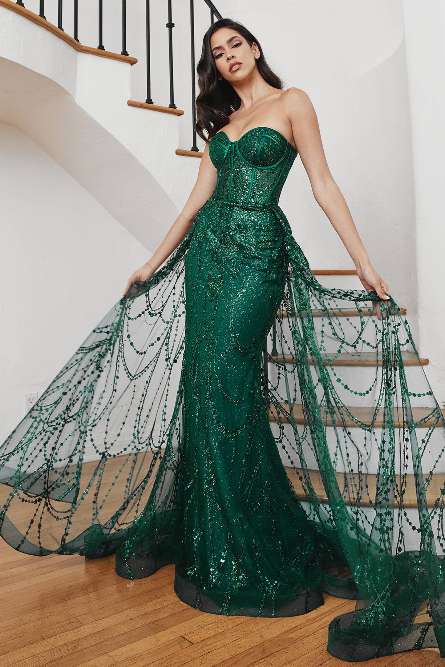 STRAPLESS LACE FITTED GOWN WITH OVER SKIRT: EMERALD / 8