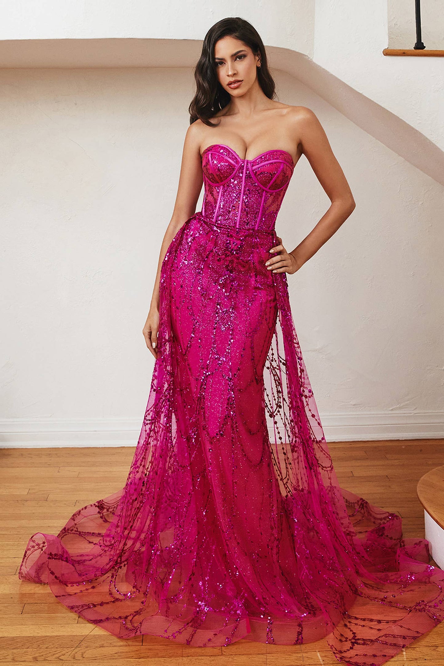 STRAPLESS LACE FITTED GOWN WITH OVER SKIRT: EMERALD / 8
