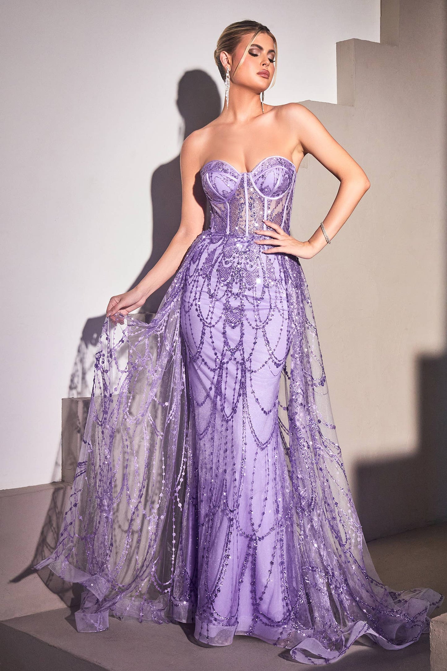 STRAPLESS LACE FITTED GOWN WITH OVER SKIRT: EMERALD / 8